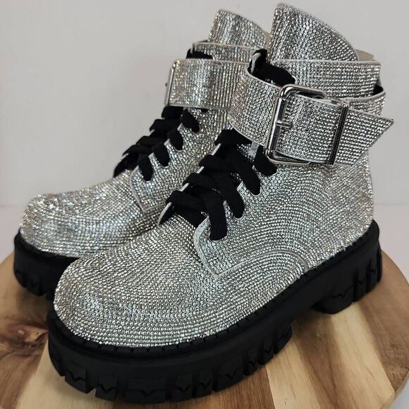 Dolls Kill Hype Status Combat Boots - Silver Rhinestone (Poster Grl) Women's Siz - Picture 7 of 10